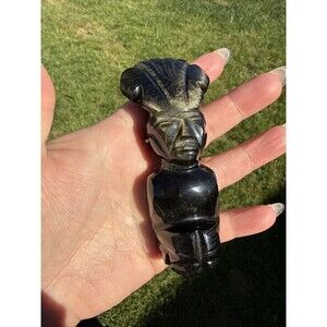 Aztec Mayan Obsidian Hand Carved 4” Black With Gold Sheen Statue Vulcanic Rock